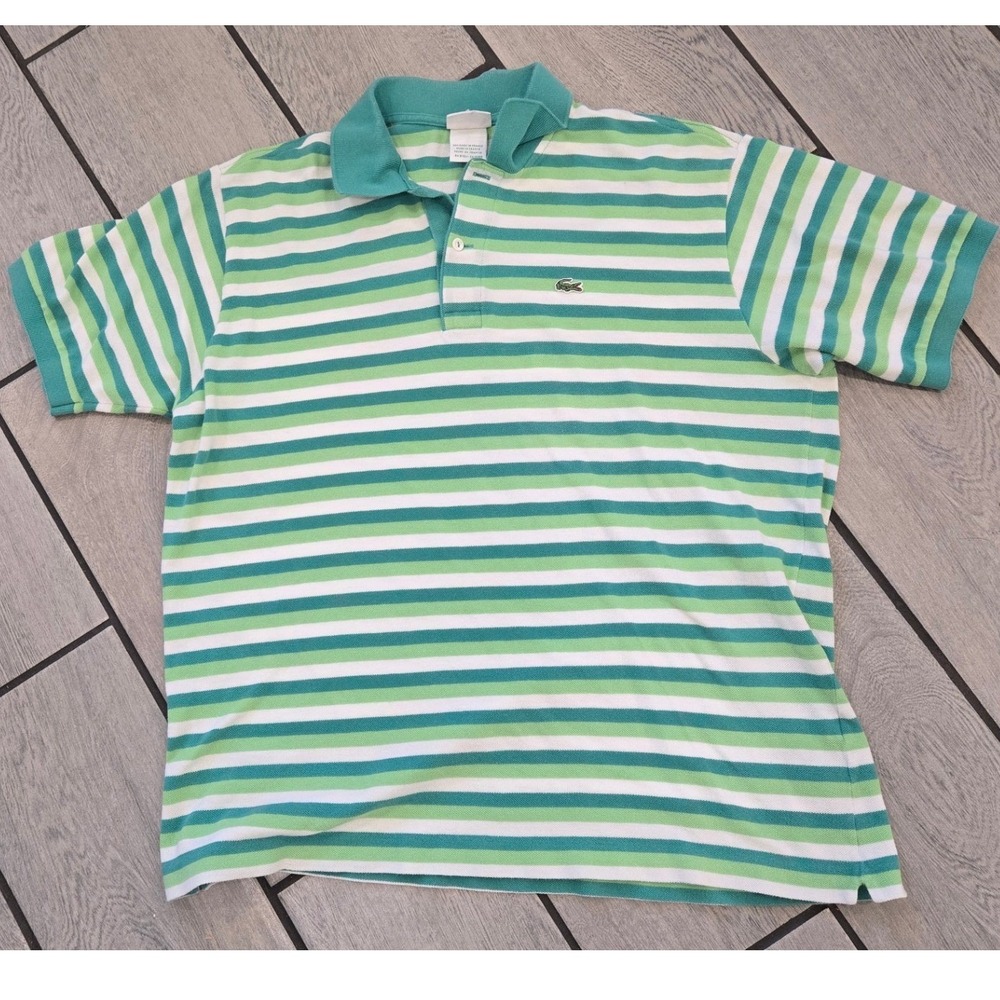 Lacoste Mens Striped Polo Shirt Green White Short Sleeve Size 7 Made in France